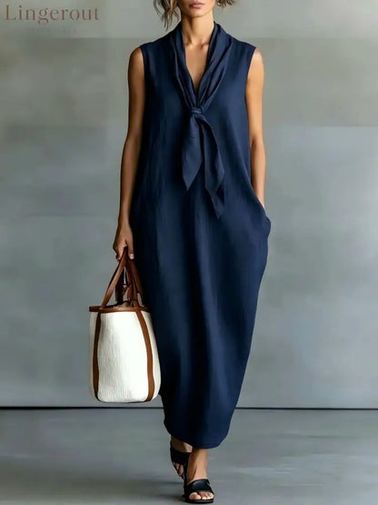Natural Beige Linen Sleeveless Front Tie Knot Midi Shift Dress - Navy blue / S