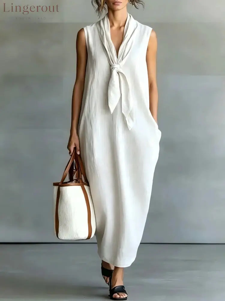 Natural Beige Linen Sleeveless Front Tie Knot Midi Shift Dress - White / S