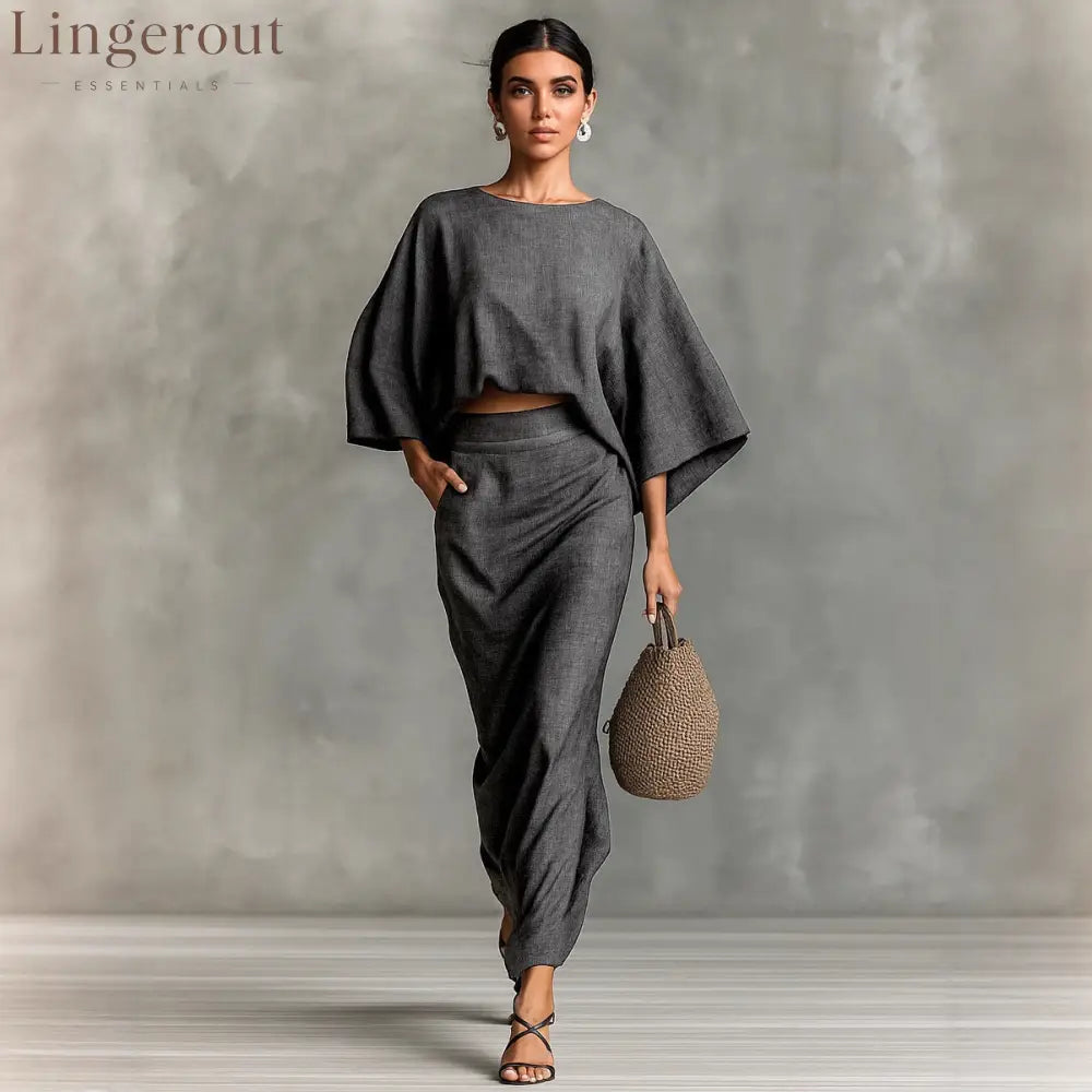 Natural Linen Batwing Crop Top Wrap Ruched Midi Skirt Two Piece Set