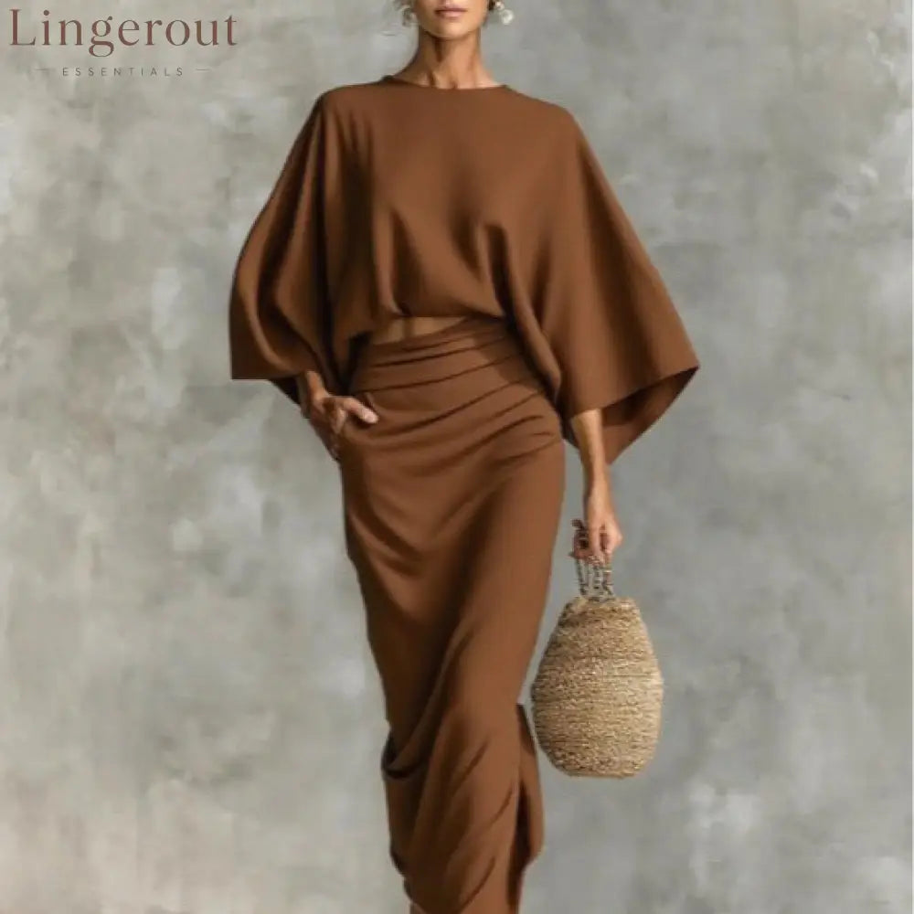 Natural Linen Batwing Crop Top Wrap Ruched Midi Skirt Two Piece Set
