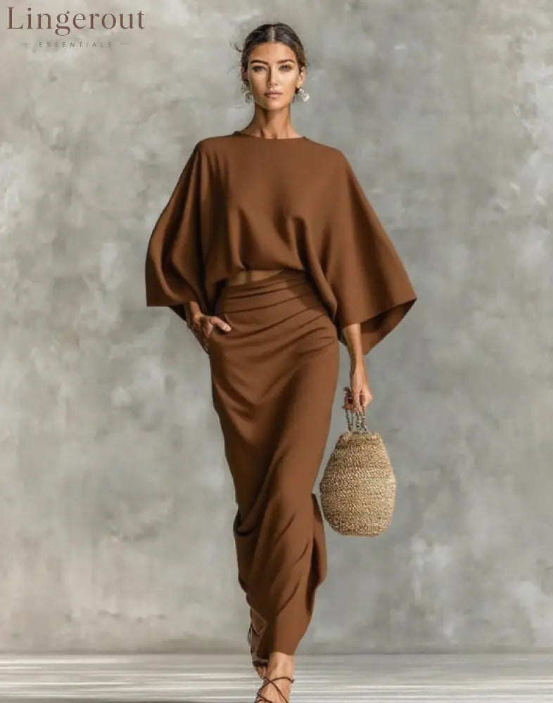 Natural Linen Batwing Crop Top Wrap Ruched Midi Skirt Two Piece Set - Brown / S