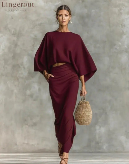 Natural Linen Batwing Crop Top Wrap Ruched Midi Skirt Two Piece Set - Claret / S