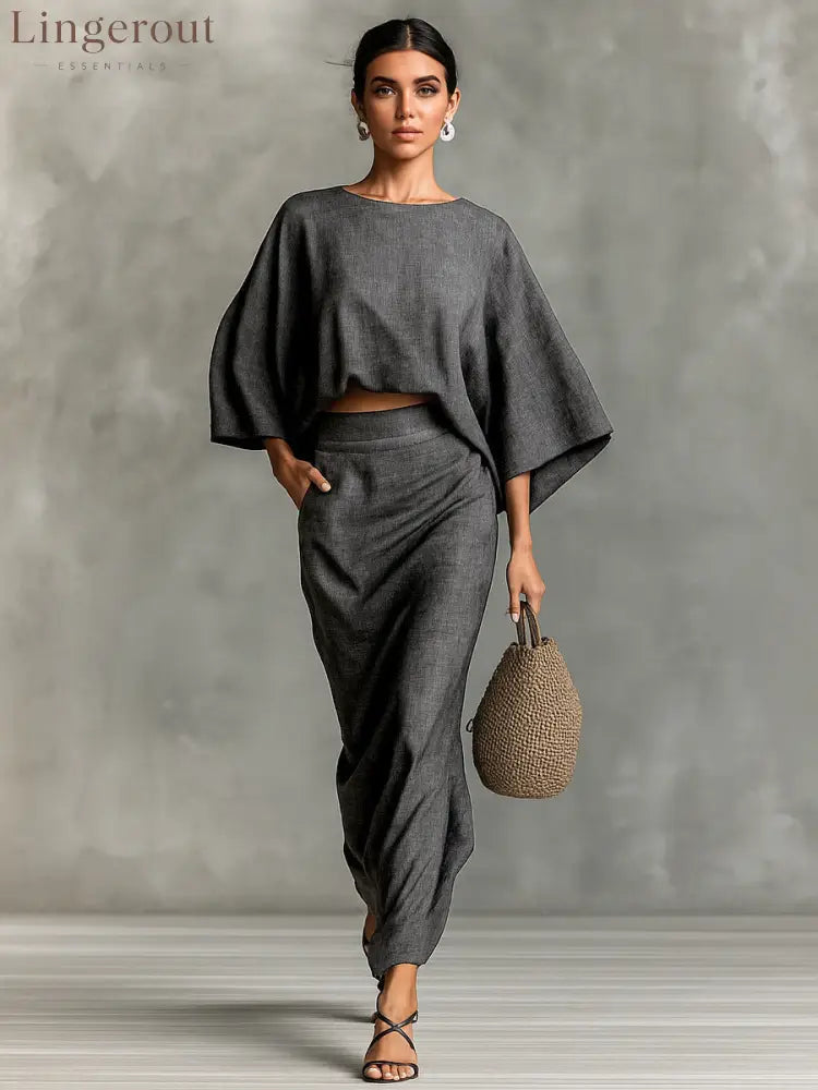 Natural Linen Batwing Crop Top Wrap Ruched Midi Skirt Two Piece Set - Graphite color / S