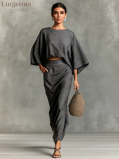 Natural Linen Batwing Crop Top Wrap Ruched Midi Skirt Two Piece Set - Graphite color / S