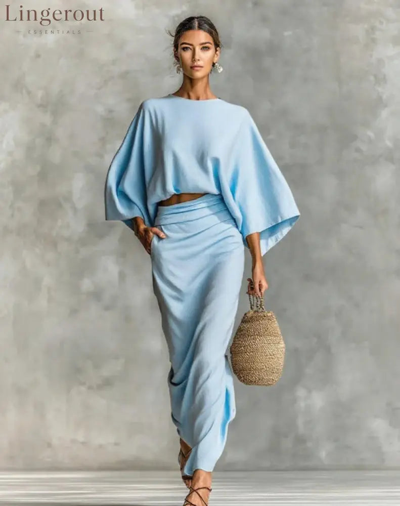Natural Linen Batwing Crop Top Wrap Ruched Midi Skirt Two Piece Set - Sky blue / S