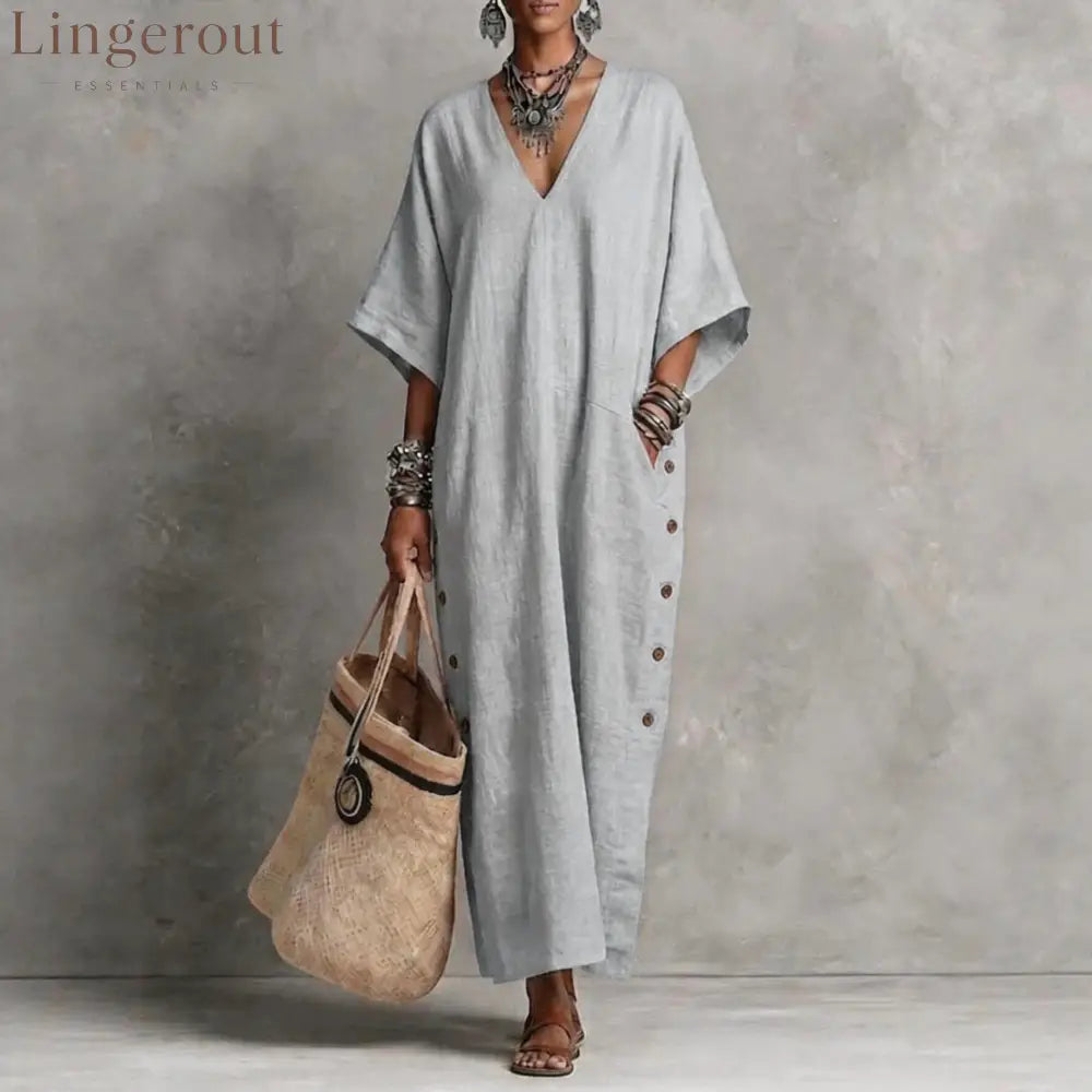 Natural Linen V-Neck Batwing Side Button Slit Maxi Kaftan Dress