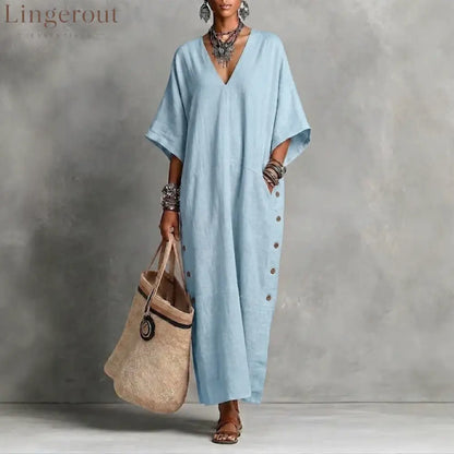 Natural Linen V-Neck Batwing Side Button Slit Maxi Kaftan Dress