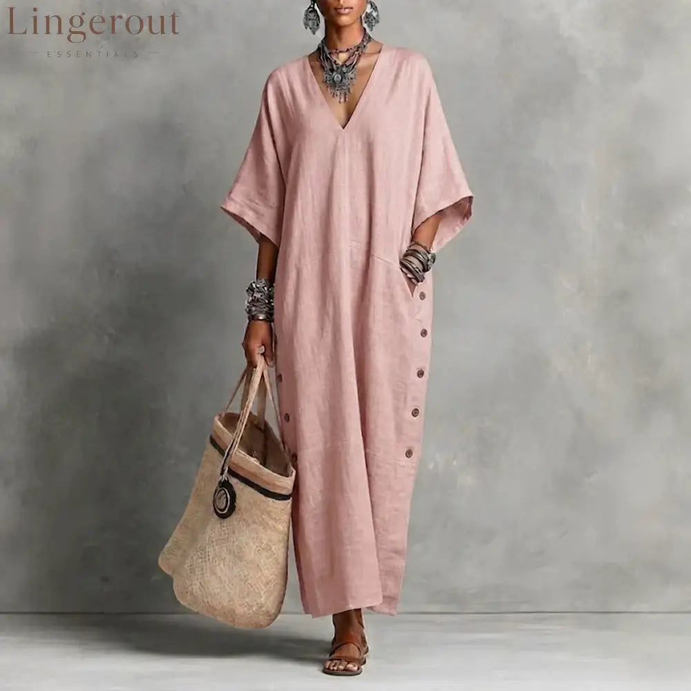 Natural Linen V-Neck Batwing Side Button Slit Maxi Kaftan Dress