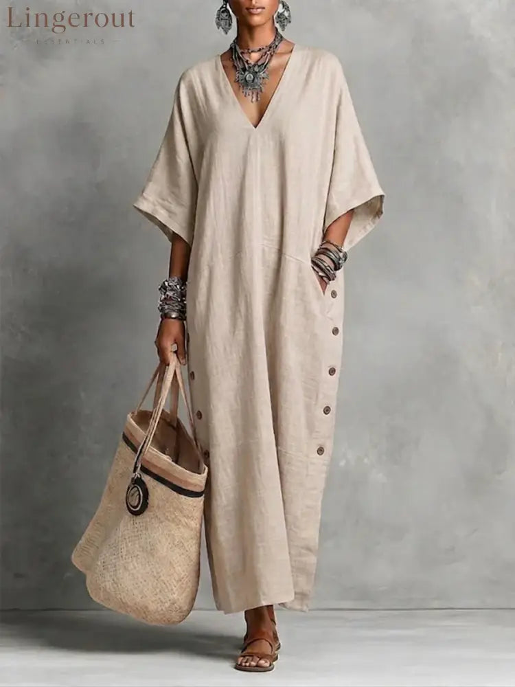 Natural Linen V-Neck Batwing Side Button Slit Maxi Kaftan Dress - Apricot / S