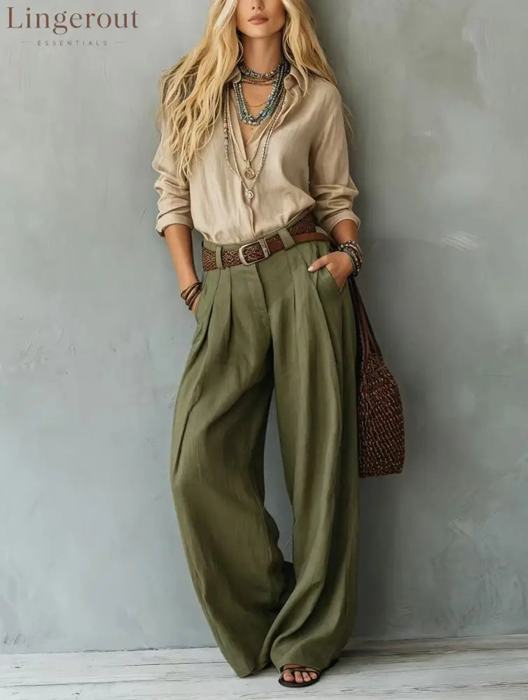 Navy Blue Loose Linen Shirt & Beige Pleated Wide Leg Linen Pants 2 Piece Boho Co-Ord Set - Khaki + army green / S