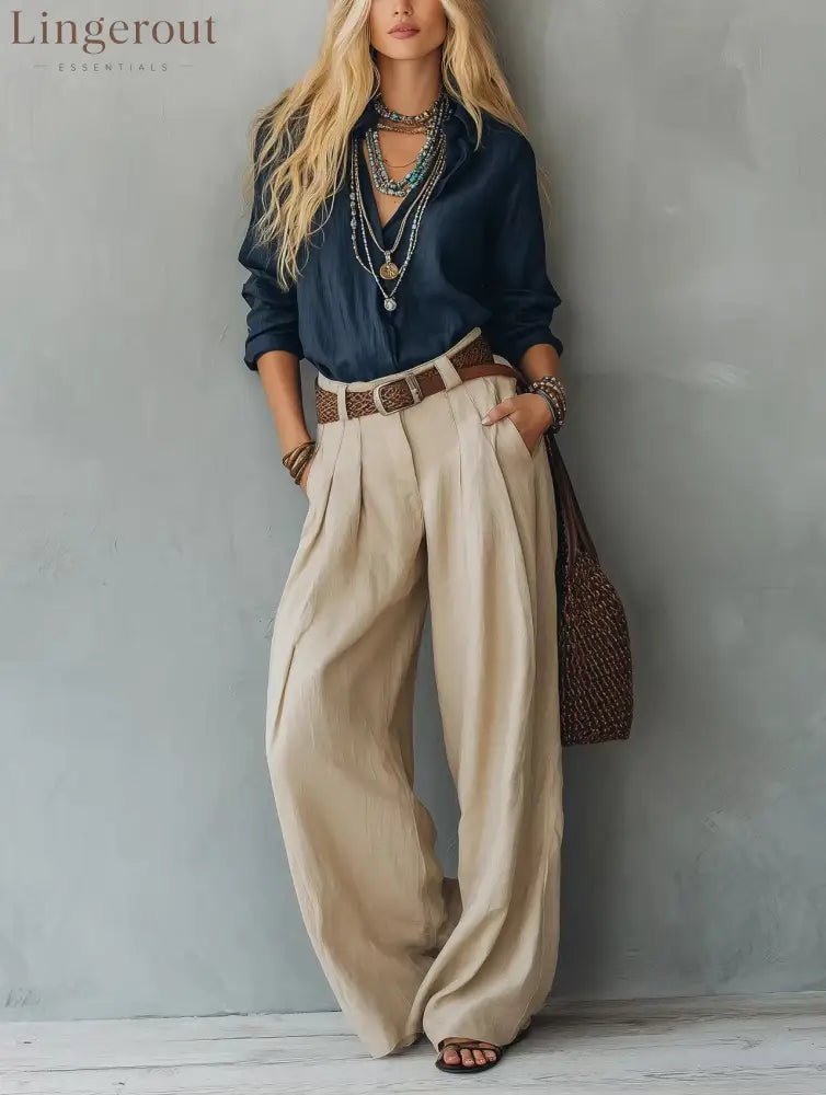 Navy Blue Loose Linen Shirt & Beige Pleated Wide Leg Linen Pants 2 Piece Boho Co-Ord Set - Navy blue + khaki / S