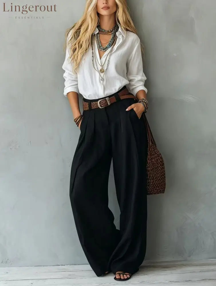 Navy Blue Loose Linen Shirt & Beige Pleated Wide Leg Linen Pants 2 Piece Boho Co-Ord Set - White + black / S