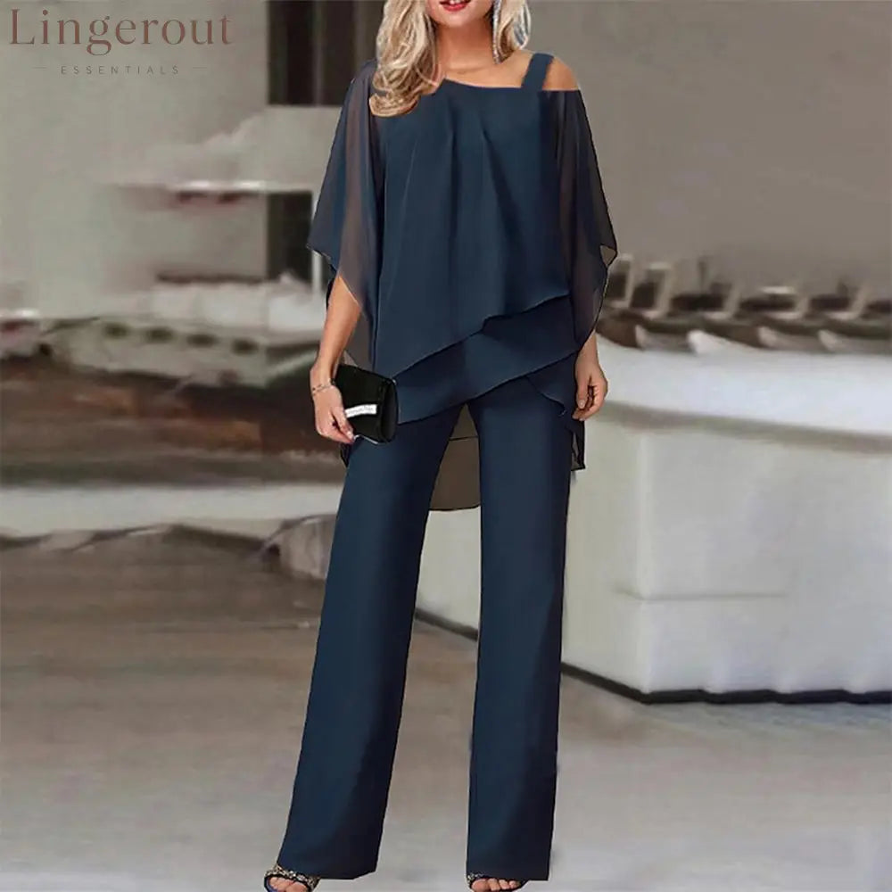Navy Cold Shoulder Ruffled Tiered Top and Pants Two Piece Set - Navy / S