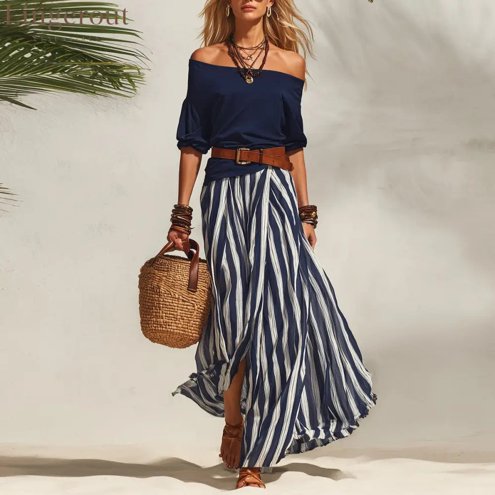 Navy Off Shoulder Top Stripe Pants Set - Blue / S