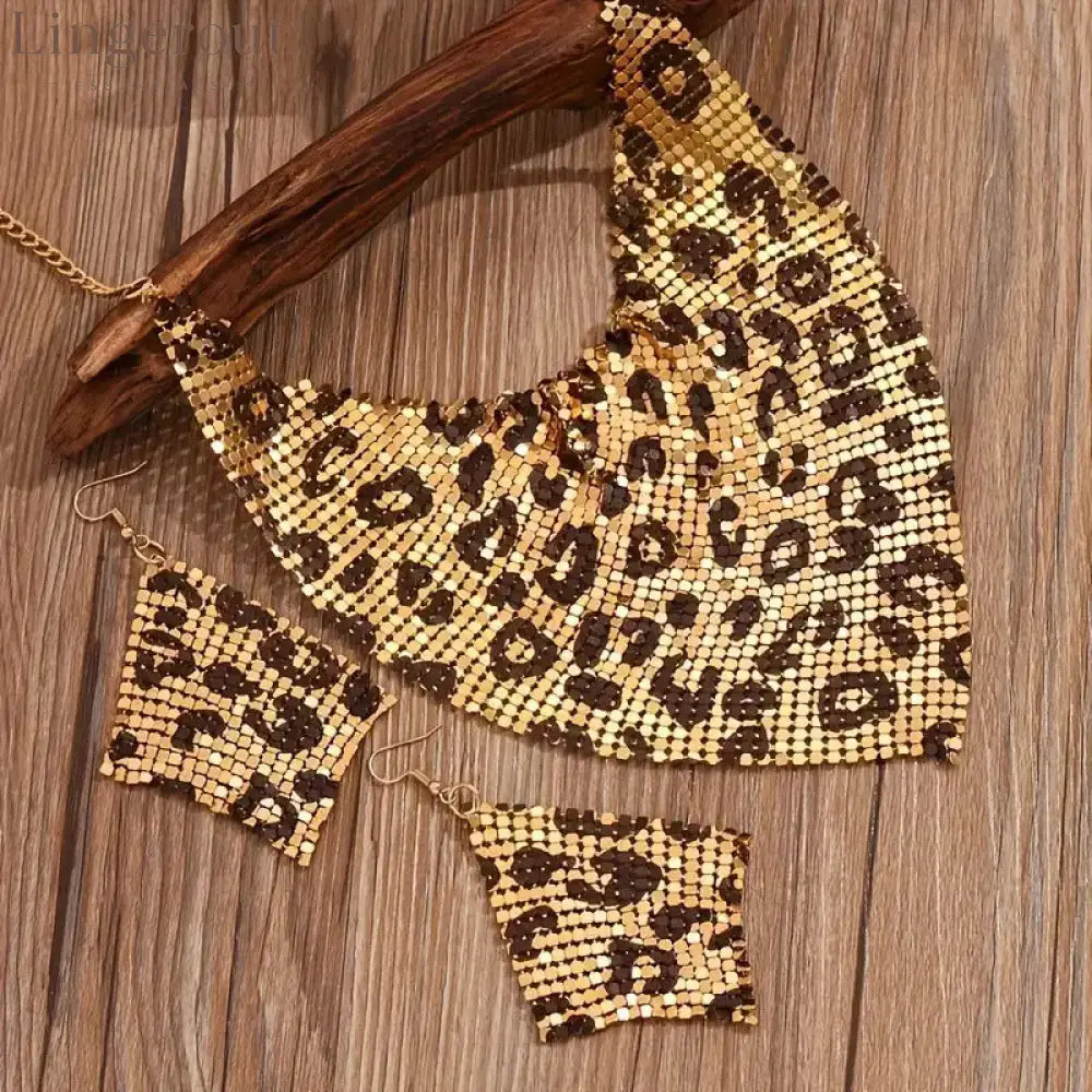 Necklace Jewelry Set Leopard Print Gold Plated Statement Earrings - Leopard print