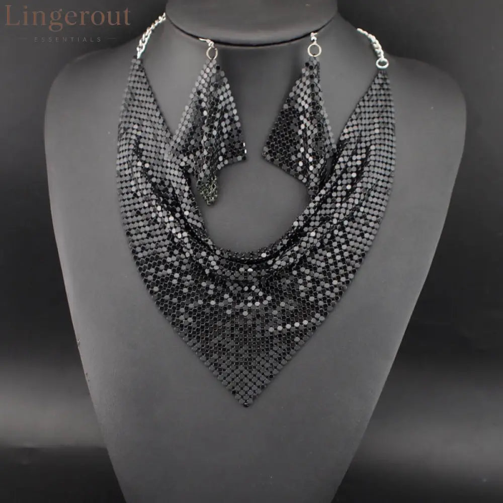 Necklace Jewelry Set Leopard Print Gold Plated Statement Earrings - Black