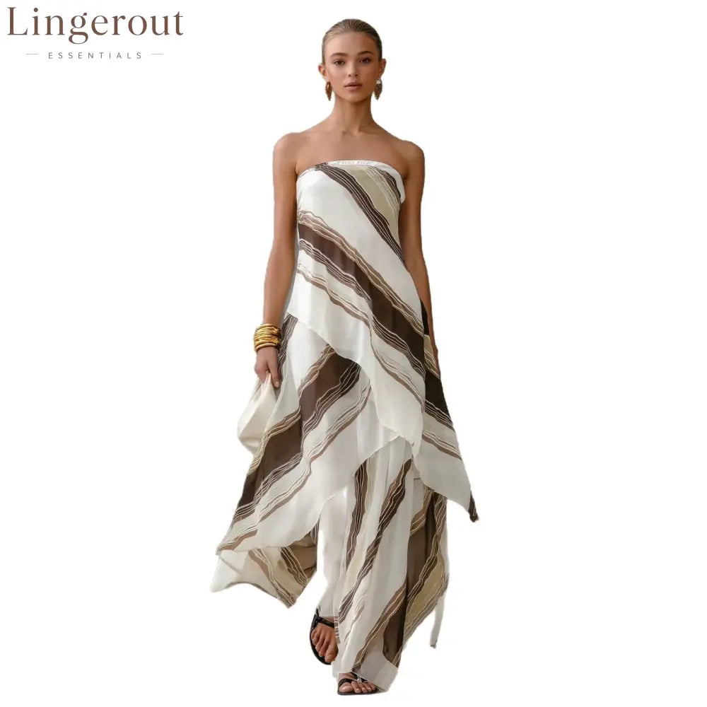 Neutral Diagonal Stripe Strapless Tiered Chiffon Maxi Dress