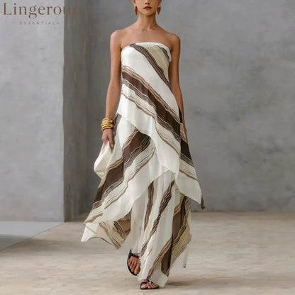 Neutral Diagonal Stripe Strapless Tiered Chiffon Maxi Dress