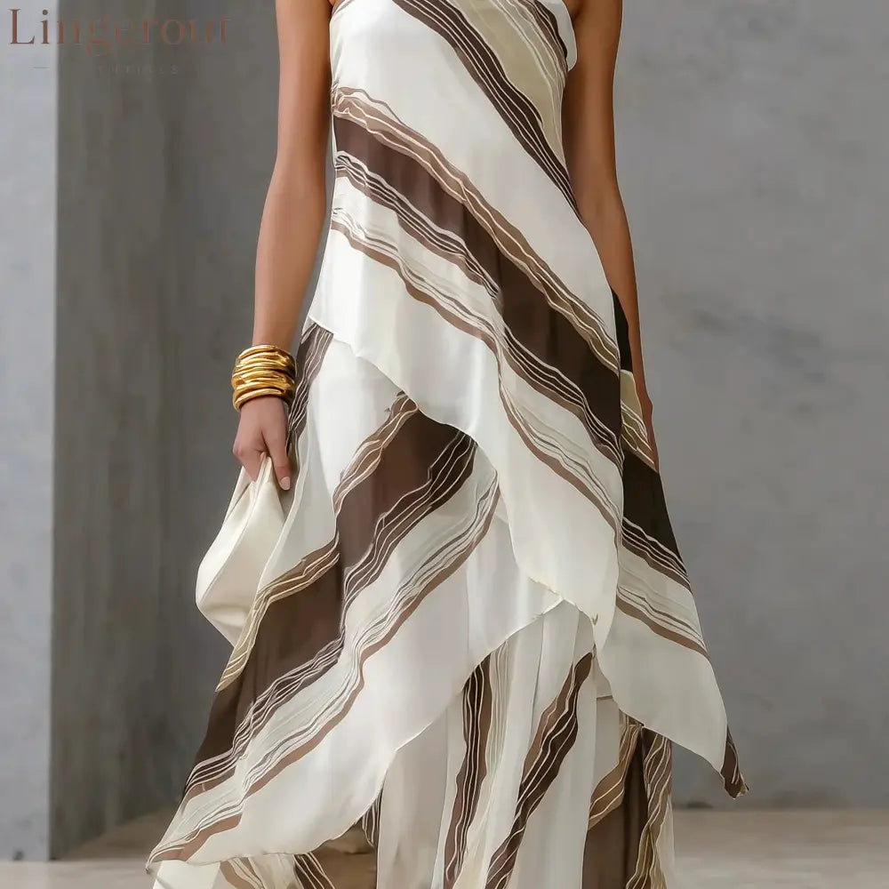 Neutral Diagonal Stripe Strapless Tiered Chiffon Maxi Dress