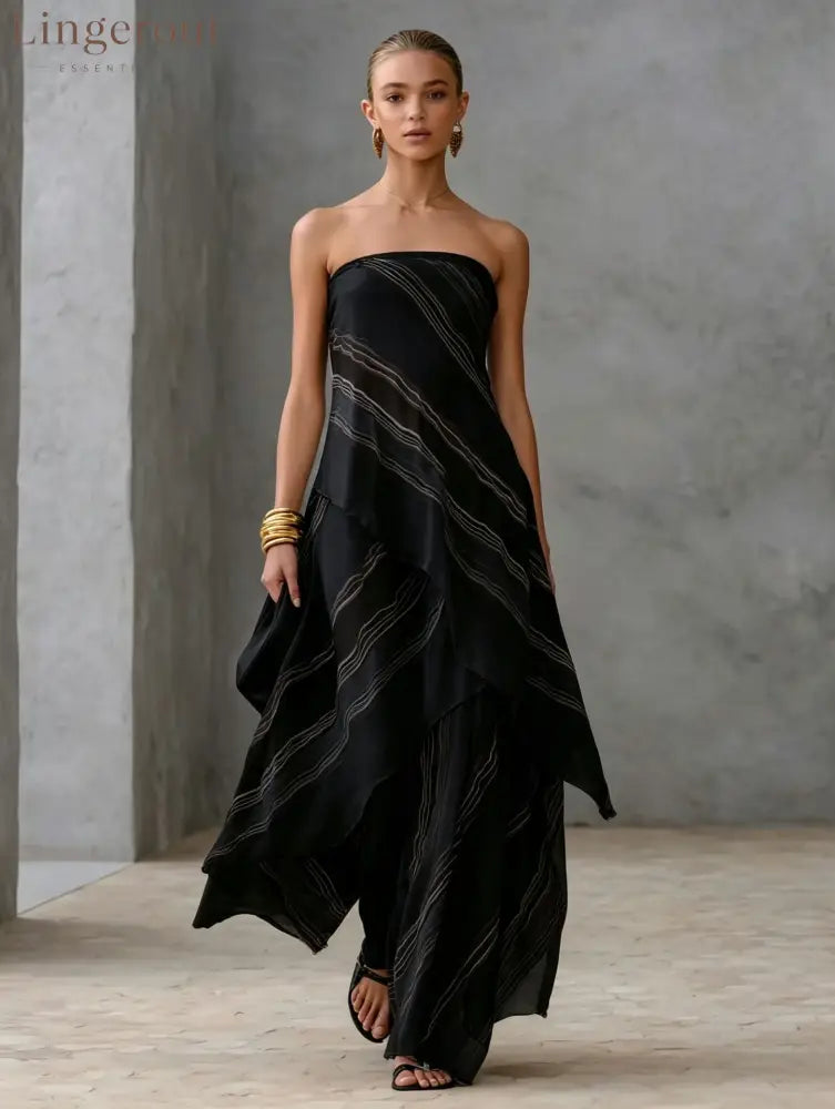 Neutral Diagonal Stripe Strapless Tiered Chiffon Maxi Dress - Black / S