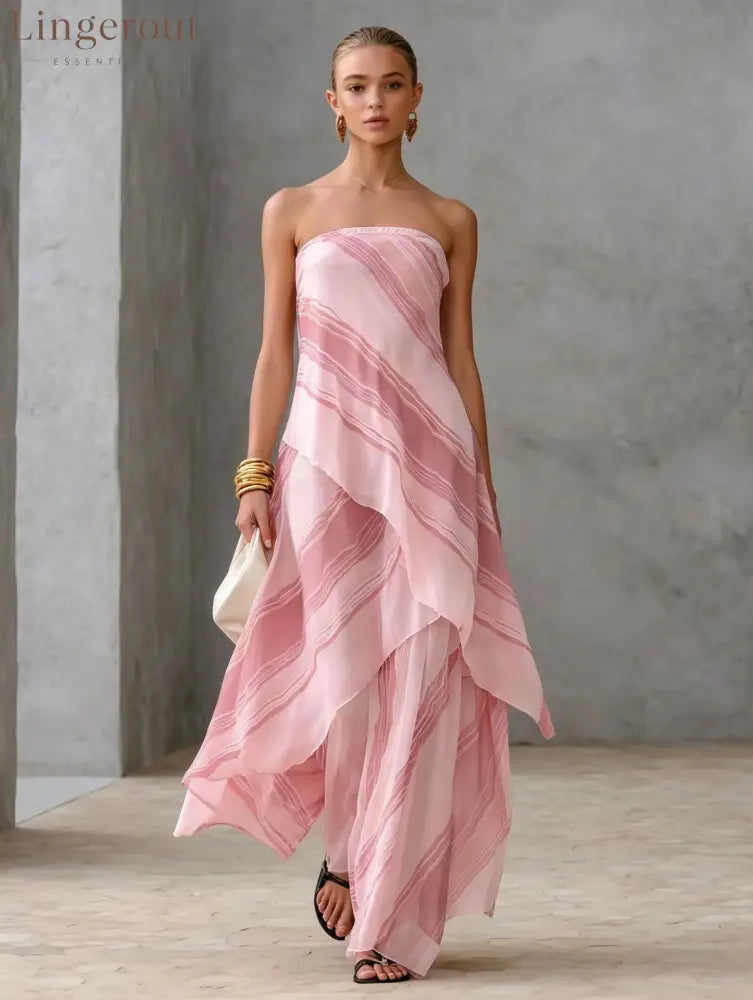 Neutral Diagonal Stripe Strapless Tiered Chiffon Maxi Dress - Pink / S
