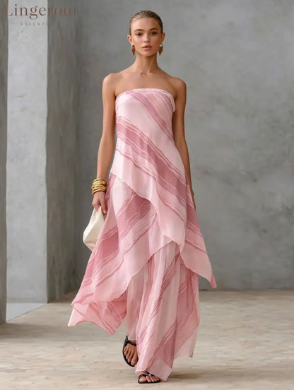 Neutral Diagonal Stripe Strapless Tiered Chiffon Maxi Dress - Pink / S