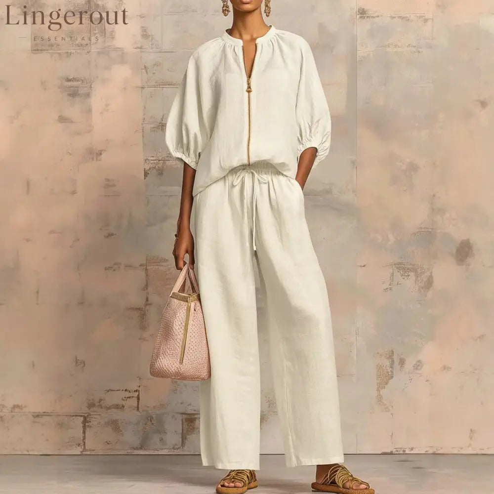 New Arrivals🔥 Stylish Cozy Zipper Shirt & Wide-Leg Pants Linen Cotton Two-Piece Set