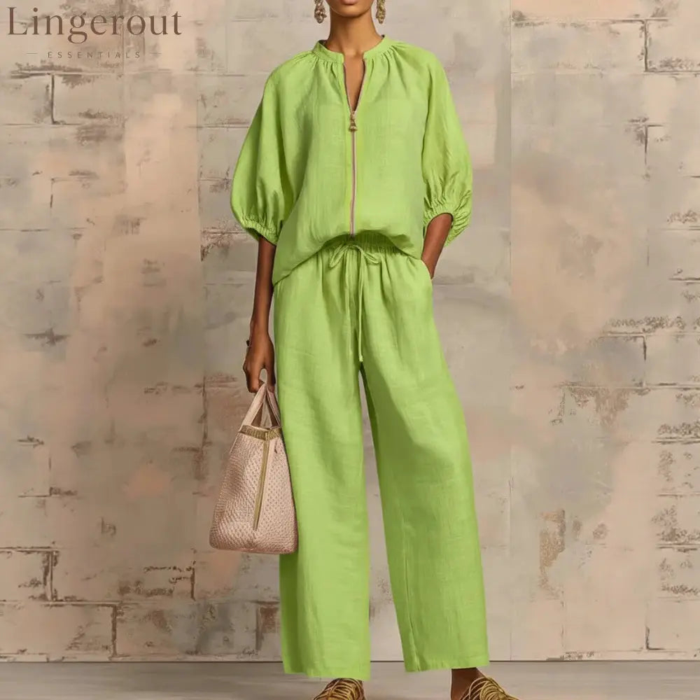 New Arrivals🔥 Stylish Cozy Zipper Shirt & Wide-Leg Pants Linen Cotton Two-Piece Set