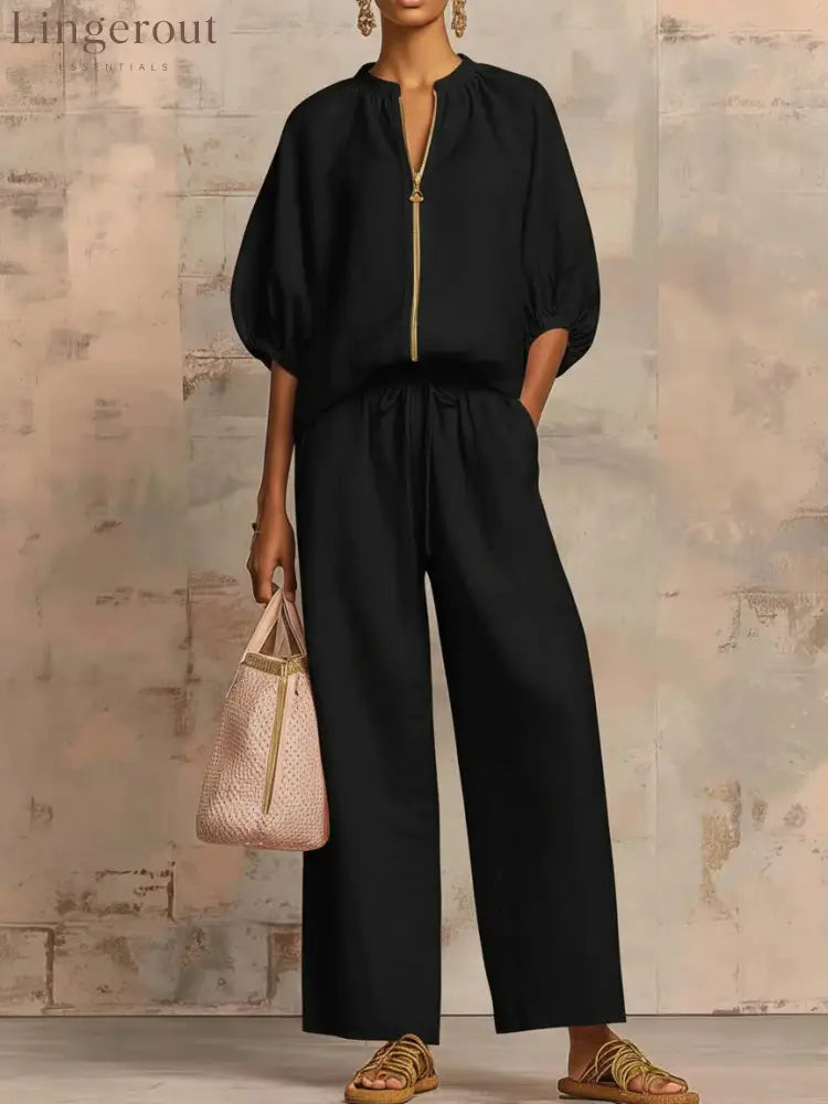 New Arrivals🔥 Stylish Cozy Zipper Shirt & Wide-Leg Pants Linen Cotton Two-Piece Set - Black / S