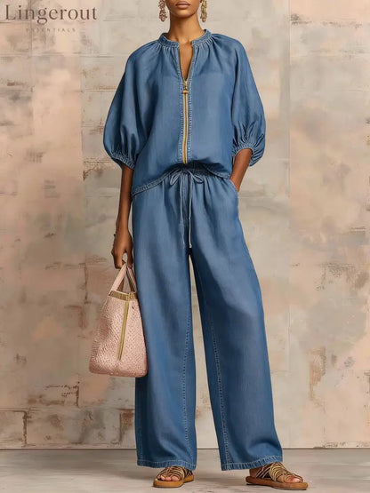 New Arrivals🔥 Stylish Cozy Zipper Shirt & Wide-Leg Pants Linen Cotton Two-Piece Set - Denim blue / S