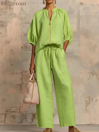 New Arrivals🔥 Stylish Cozy Zipper Shirt & Wide-Leg Pants Linen Cotton Two-Piece Set - Fluorescent green / S