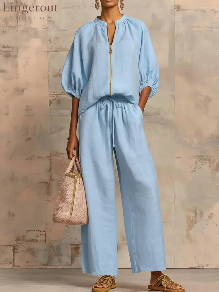 New Arrivals🔥 Stylish Cozy Zipper Shirt & Wide-Leg Pants Linen Cotton Two-Piece Set - Light blue / S