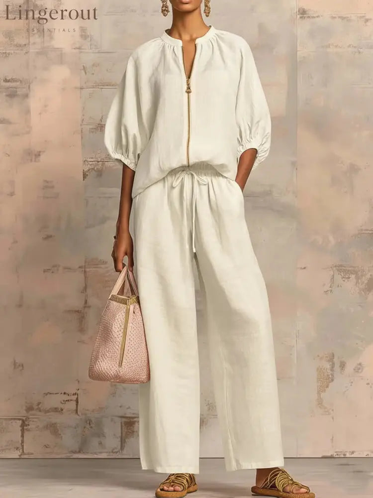 New Arrivals🔥 Stylish Cozy Zipper Shirt & Wide-Leg Pants Linen Cotton Two-Piece Set - Milky / S