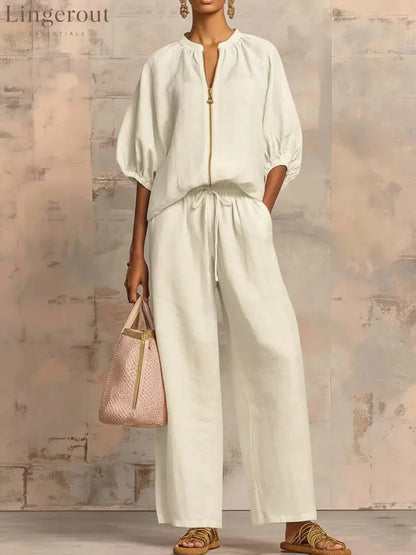 New Arrivals🔥 Stylish Cozy Zipper Shirt & Wide-Leg Pants Linen Cotton Two-Piece Set - Milky / S