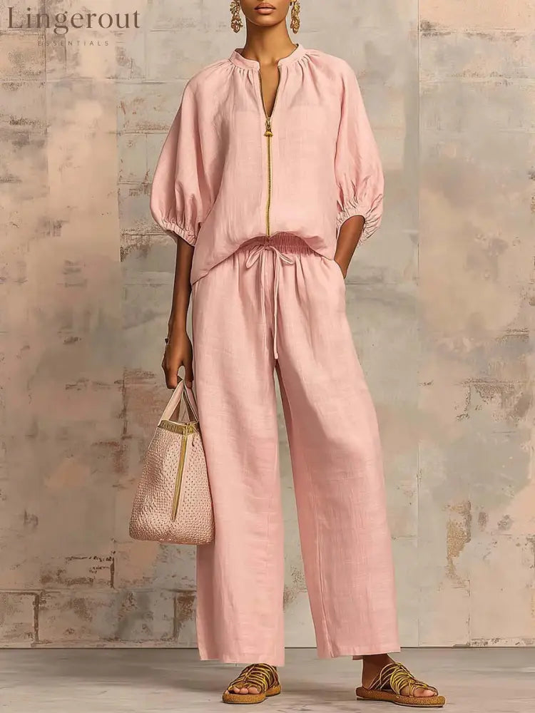New Arrivals🔥 Stylish Cozy Zipper Shirt & Wide-Leg Pants Linen Cotton Two-Piece Set - Pink / S