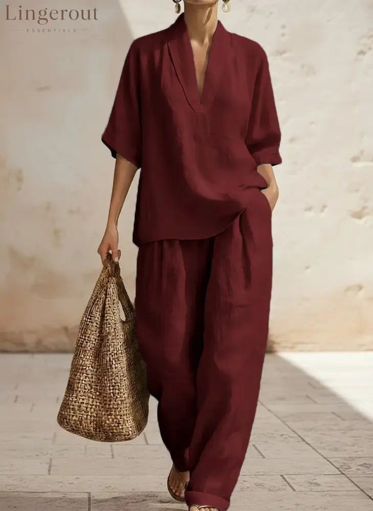 New Arrivals🔥 Women’s Casual Cozy Minimalist Linen Two-piece Set - Burgundy / S