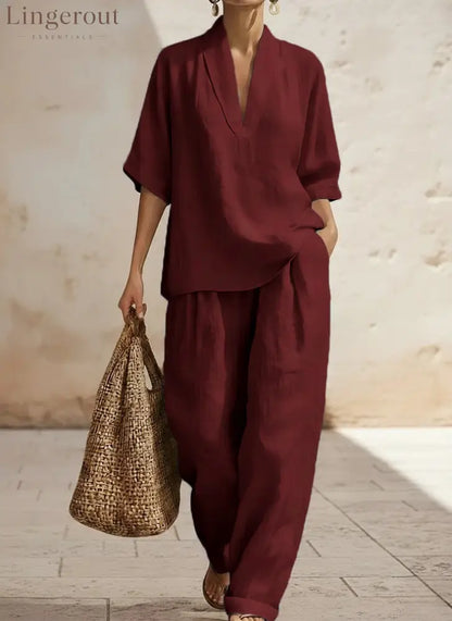 New Arrivals🔥 Women’s Casual Cozy Minimalist Linen Two-piece Set - Burgundy / S