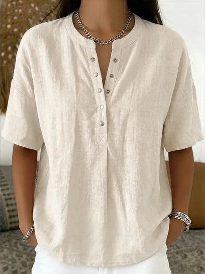 New Arrivals🔥 Women’s Casual Henley Collar Linen And Cotton Short-sleeve Shirt - Beige / S