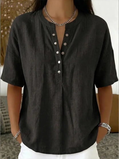 New Arrivals🔥 Women’s Casual Henley Collar Linen And Cotton Short-sleeve Shirt - Black / S