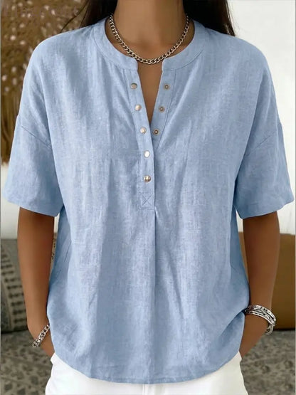 New Arrivals🔥 Women’s Casual Henley Collar Linen And Cotton Short-sleeve Shirt - Blue / S