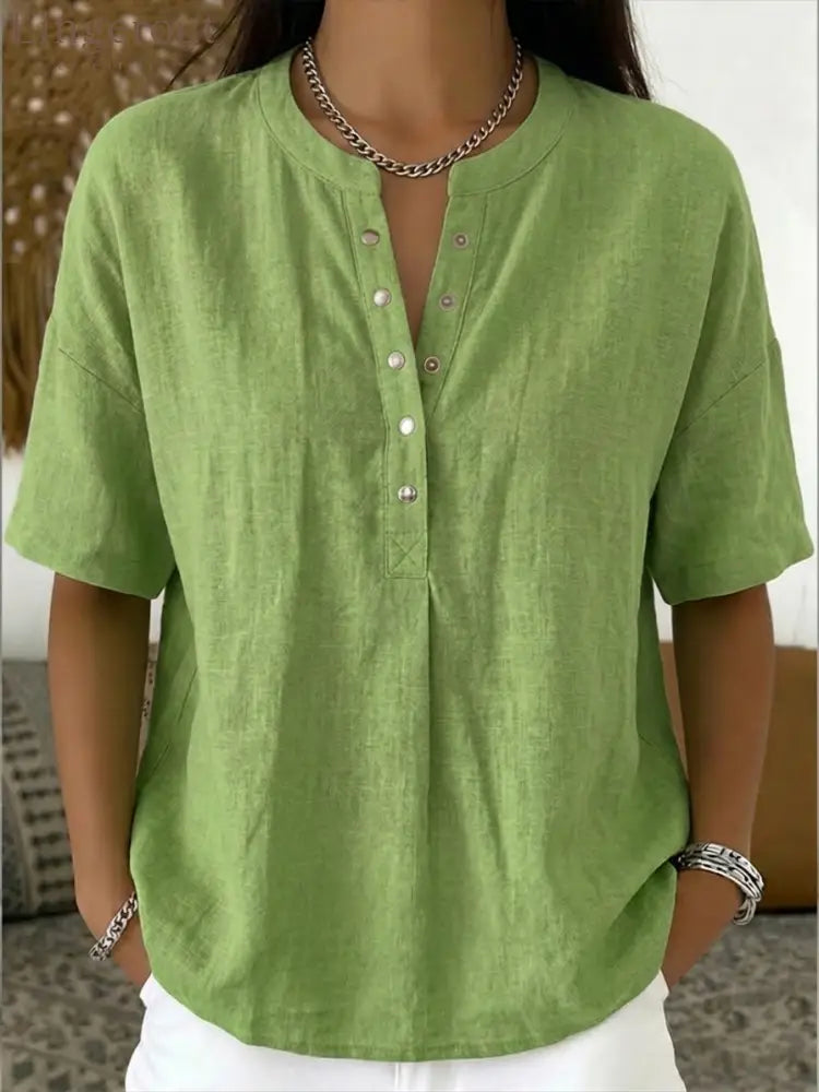 New Arrivals🔥 Women’s Casual Henley Collar Linen And Cotton Short-sleeve Shirt - Green / S