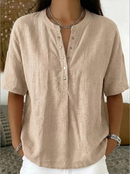 New Arrivals🔥 Women’s Casual Henley Collar Linen And Cotton Short-sleeve Shirt - Khaki / S