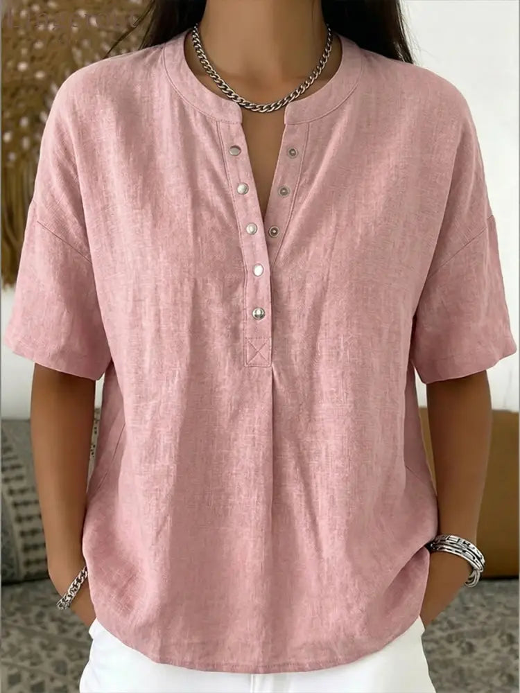 New Arrivals🔥 Women’s Casual Henley Collar Linen And Cotton Short-sleeve Shirt - Pink / S