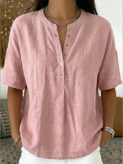 New Arrivals🔥 Women’s Casual Henley Collar Linen And Cotton Short-sleeve Shirt - Pink / S