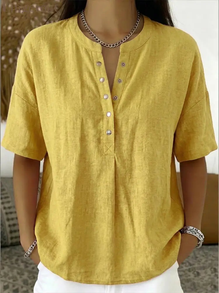 New Arrivals🔥 Women’s Casual Henley Collar Linen And Cotton Short-sleeve Shirt - Yellow / S