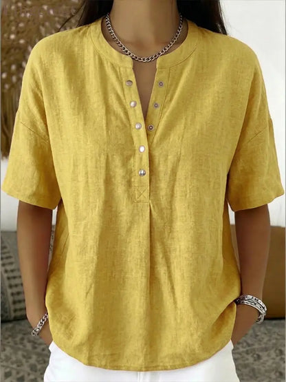 New Arrivals🔥 Women’s Casual Henley Collar Linen And Cotton Short-sleeve Shirt - Yellow / S