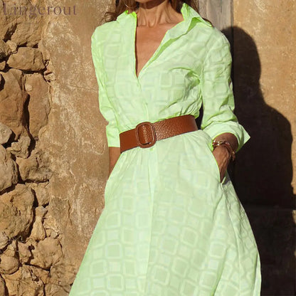 New Autumn Button Shirt Dress Women Long Sleeve With Belt - Light green / S