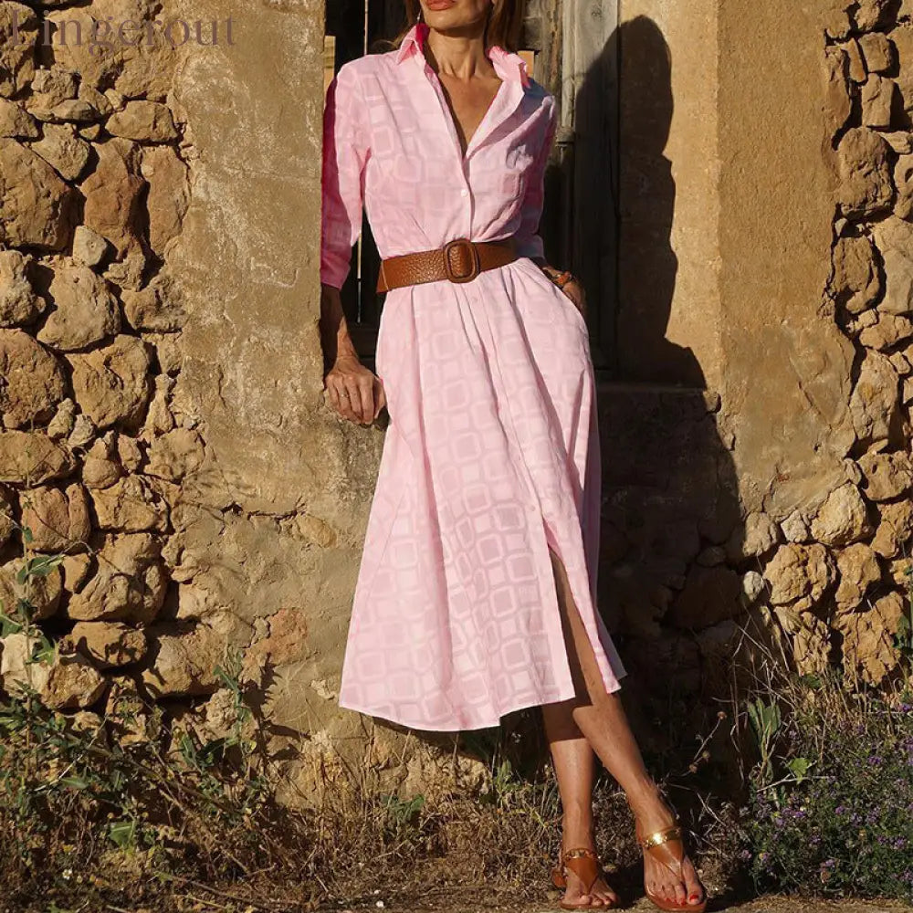 New Autumn Button Shirt Dress Women Long Sleeve With Belt - Pink / S
