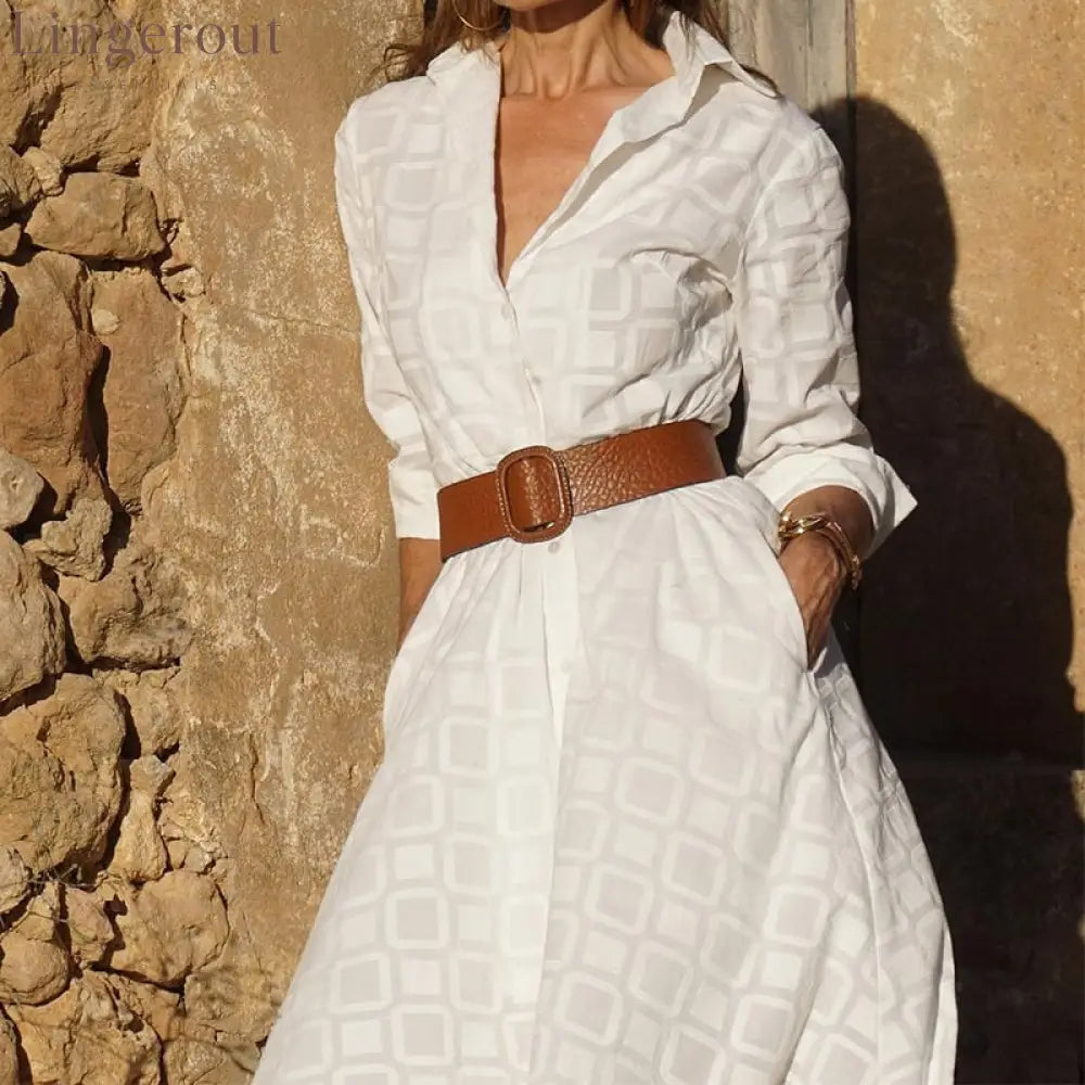 New Autumn Button Shirt Dress Women Long Sleeve With Belt - White / S