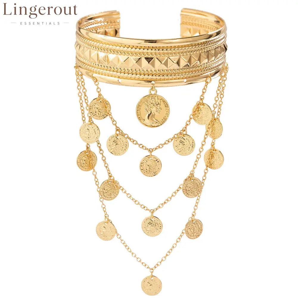 New Fashion Women’s Minimal Versatile Casual Street Style Leaf Coin Tassel Chain Linked Bracelet - Golden three-layer